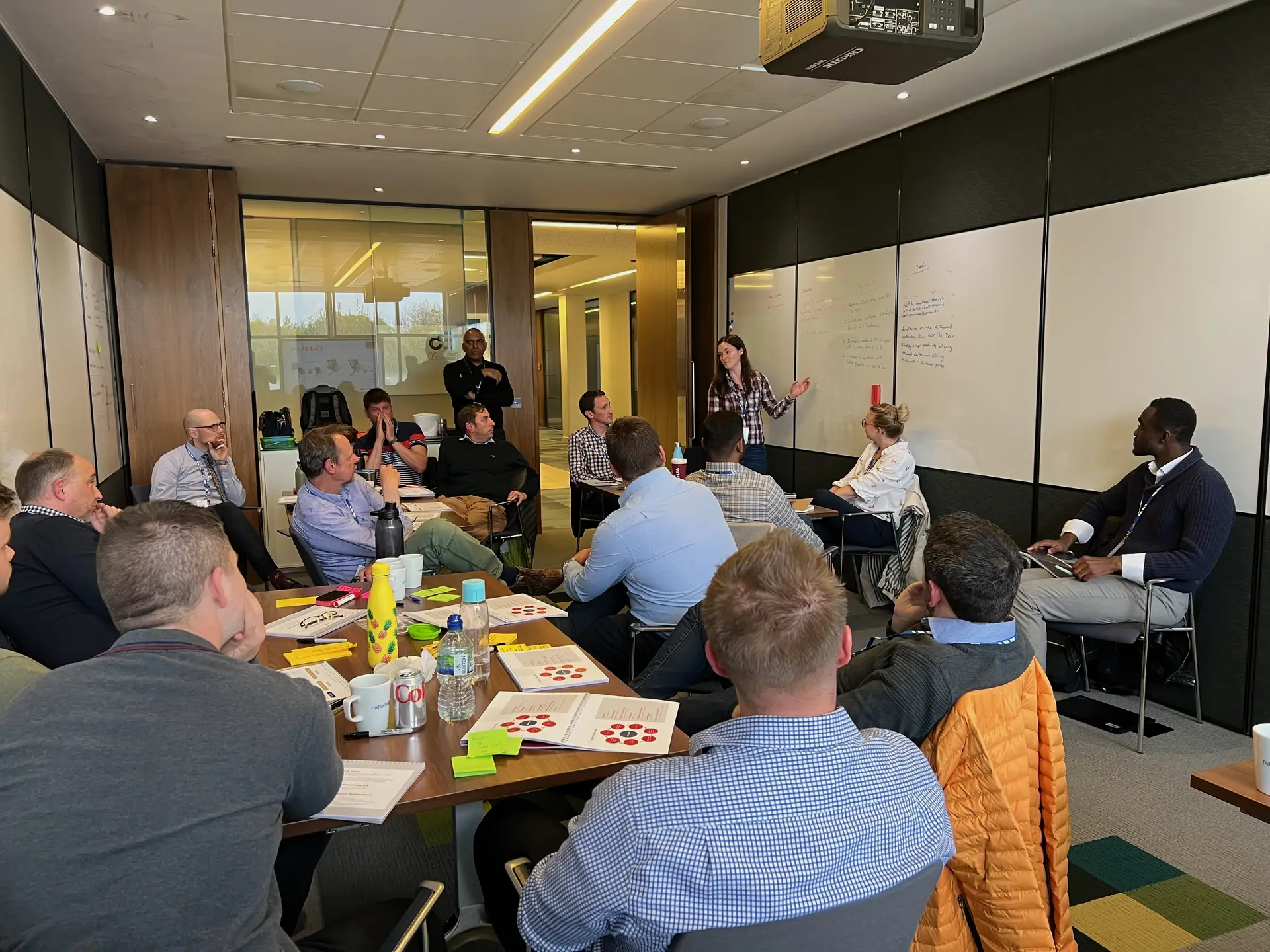 A leadership team working through a session in a real meeting room
