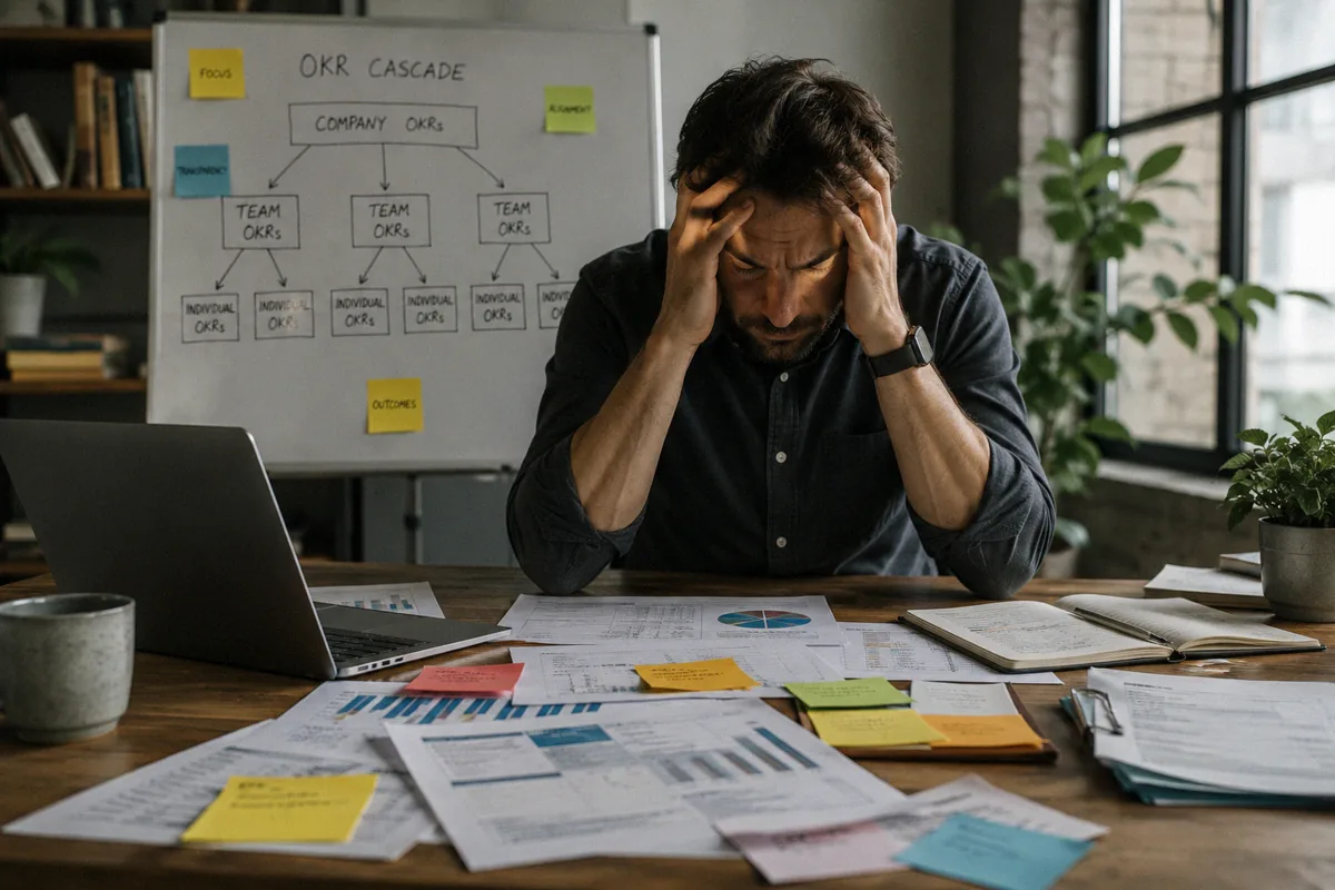 A leader sitting at a desk surrounded by reports and sticky notes, head in hands, with an OKR cascade diagram visible on the whiteboard behind him.