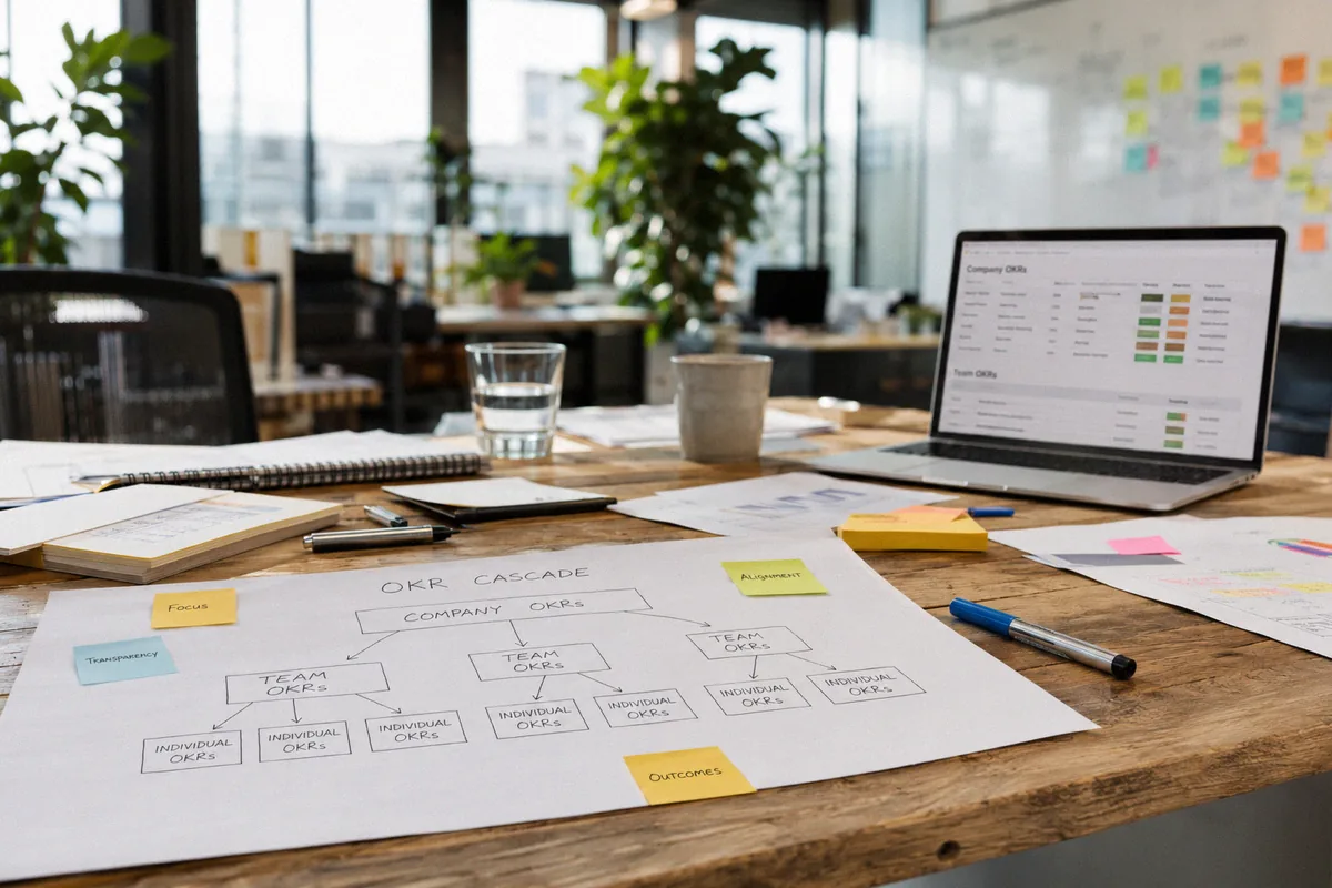 A leader presenting an OKR cascade structure to a team in a meeting room, with Company OKRs flowing down to Team and Individual OKRs on the whiteboard.
