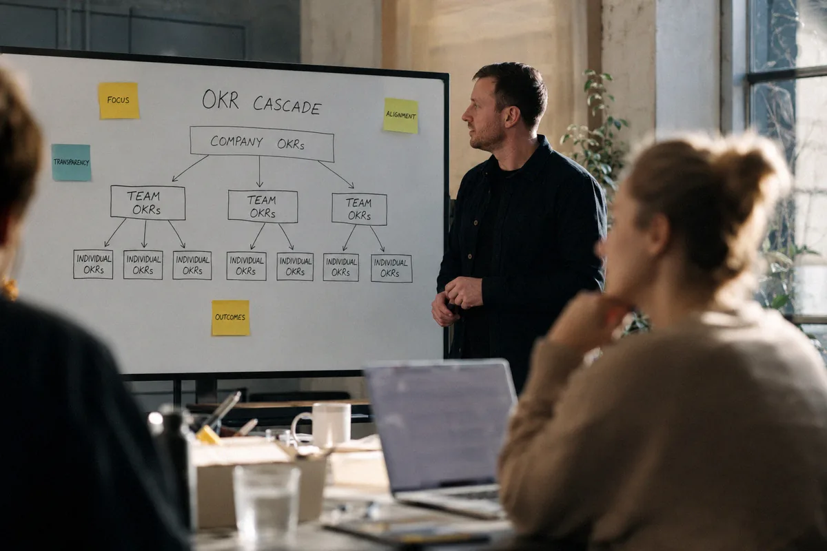 An OKR cascade diagram laid out on a workshop table, with sticky notes marking Focus, Alignment, Transparency and Outcomes.